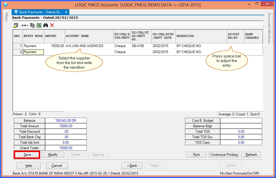 fmcg bank payments account details